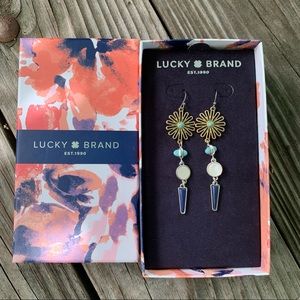 Lucky Brand daisy dangle boho gold tone and turquoise look earrings- new in box